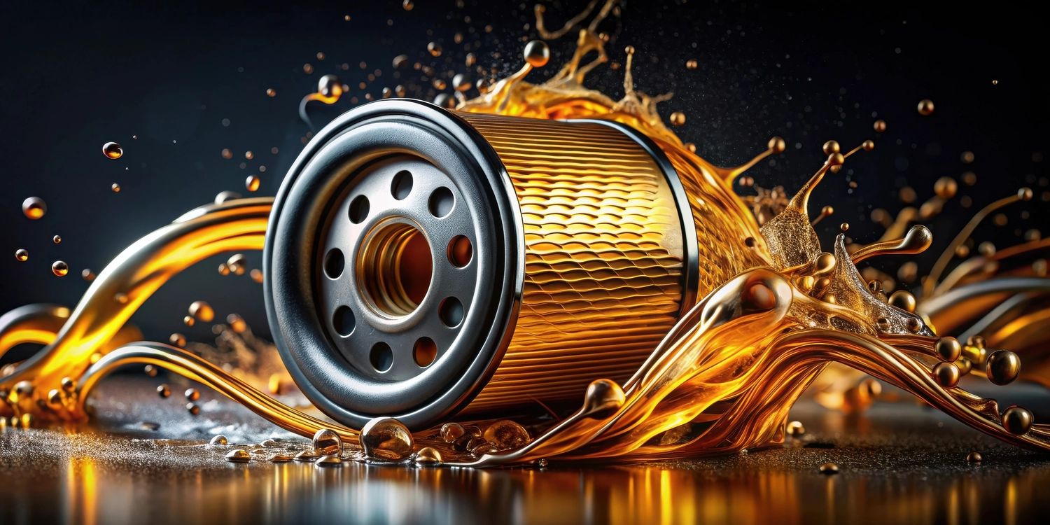 RD-Autoteilevertrieb - Autoteile - Ein metallisch glänzender Ölfilter wird inmitten eines leuchtenden Spritzers goldenen Schmiermittels dramatisch in Szene gesetzt