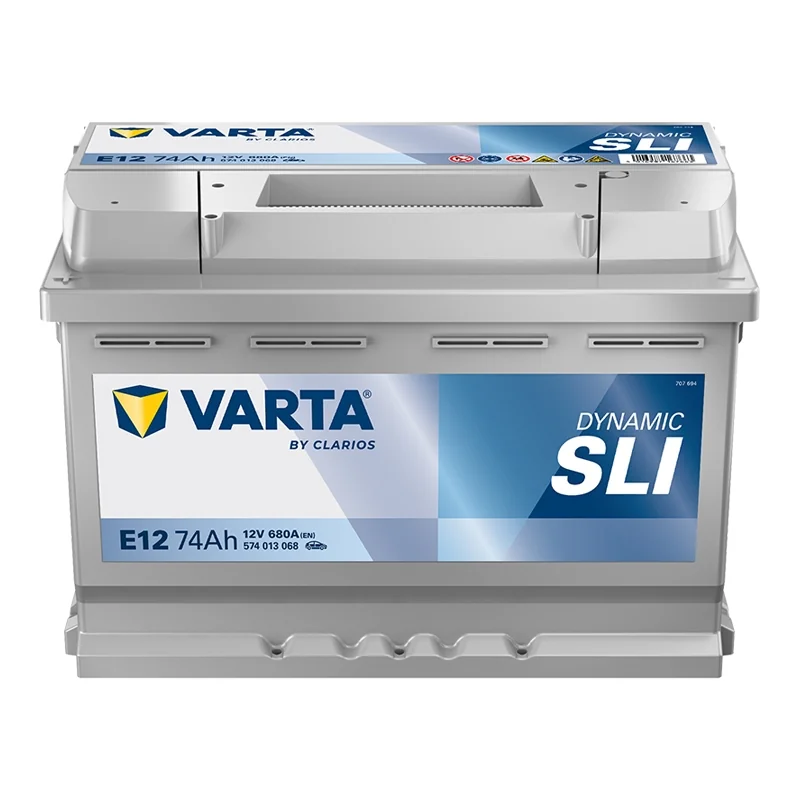 RD-Autoteilevertrieb – Autoteile – Das Bild zeigt eine VARTA E12 Dynamic SLI Autobatterie (auch bekannt als Blue Dynamic). Diese wartungsfreie Blei-Säure-Batterie ist für Fahrzeuge mit Serienausstattung und ohne Start-Stopp-Automatik konzipiert.